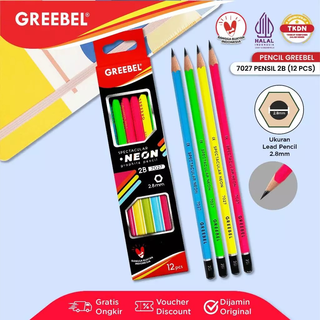 (PAKET ISI 12) GREEBEL Pensil Kayu 2B - 7027 Neon (PAKET ISI 12) GREEBEL Pensil Kayu 2B - 7027 Neon