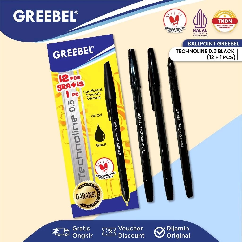 (PAKET ISI 12+1) GREEBEL Ballpoint 0.5mm - TECHNOLINE BLACK