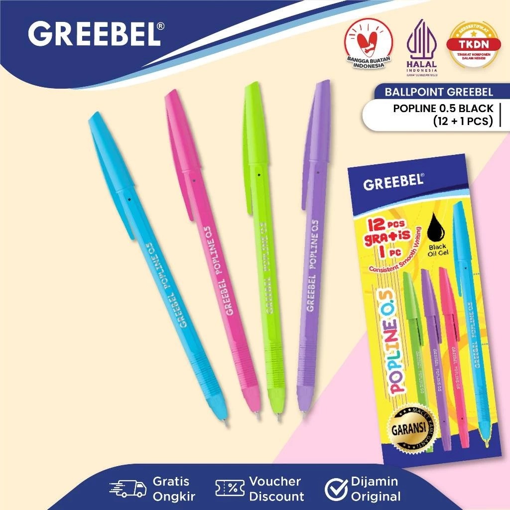 (PAKET ISI 12+1) GREEBEL Ballpoint 0.5mm - POPLINE BLACK