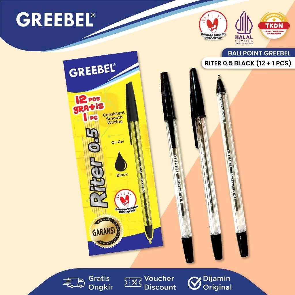 (PAKET ISI 12+1) GREEBEL Ballpoint 0.5mm - RITER BLACK