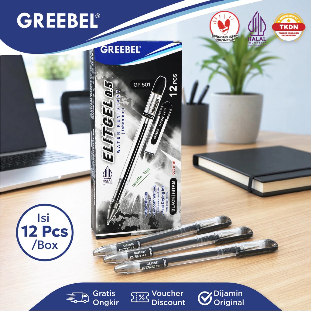 (PAKET ISI 12) GREEBEL Gel Pen 0.5mm - GP501 ELITGEL BLACK