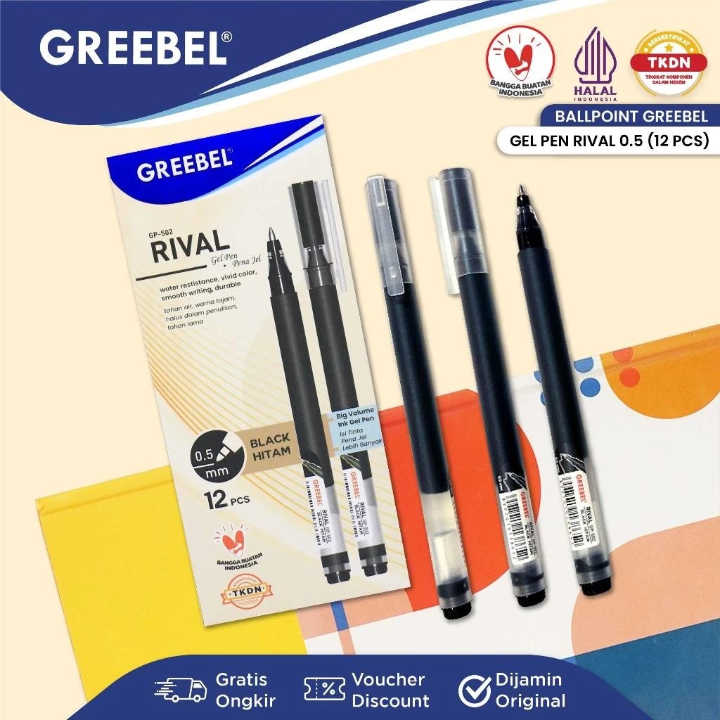 (PAKET ISI 12) GREEBEL Gel Pen 0.5mm - GP502 RIVAL BLACK