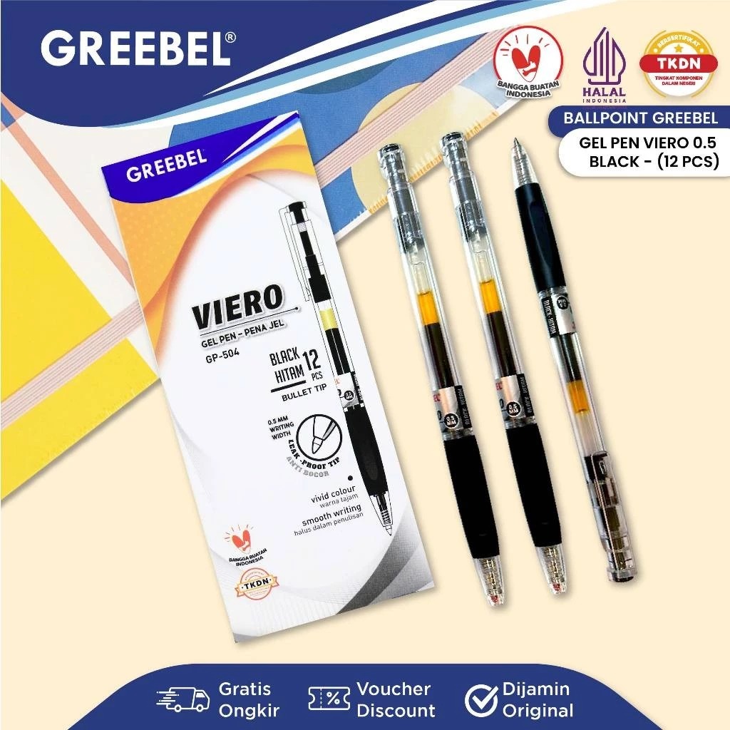 (PAKET ISI 12) GREEBEL Gel Pen 0.5mm - GP504 VIERO BLACK