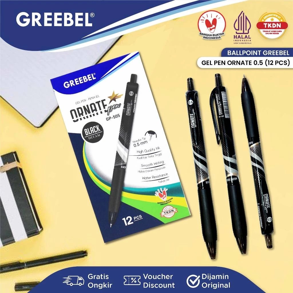 (PAKET ISI 12) GREEBEL Gel Pen 0.5mm - GP505 ORNATE BLACK