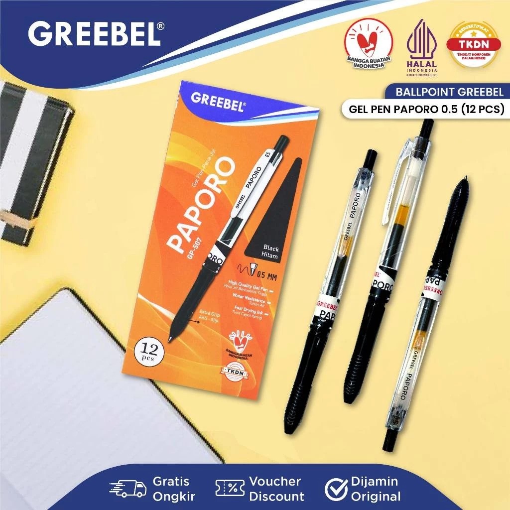 (PAKET ISI 12) GREEBEL Gel Pen 0.5mm - GP507 PAPORO BLACK