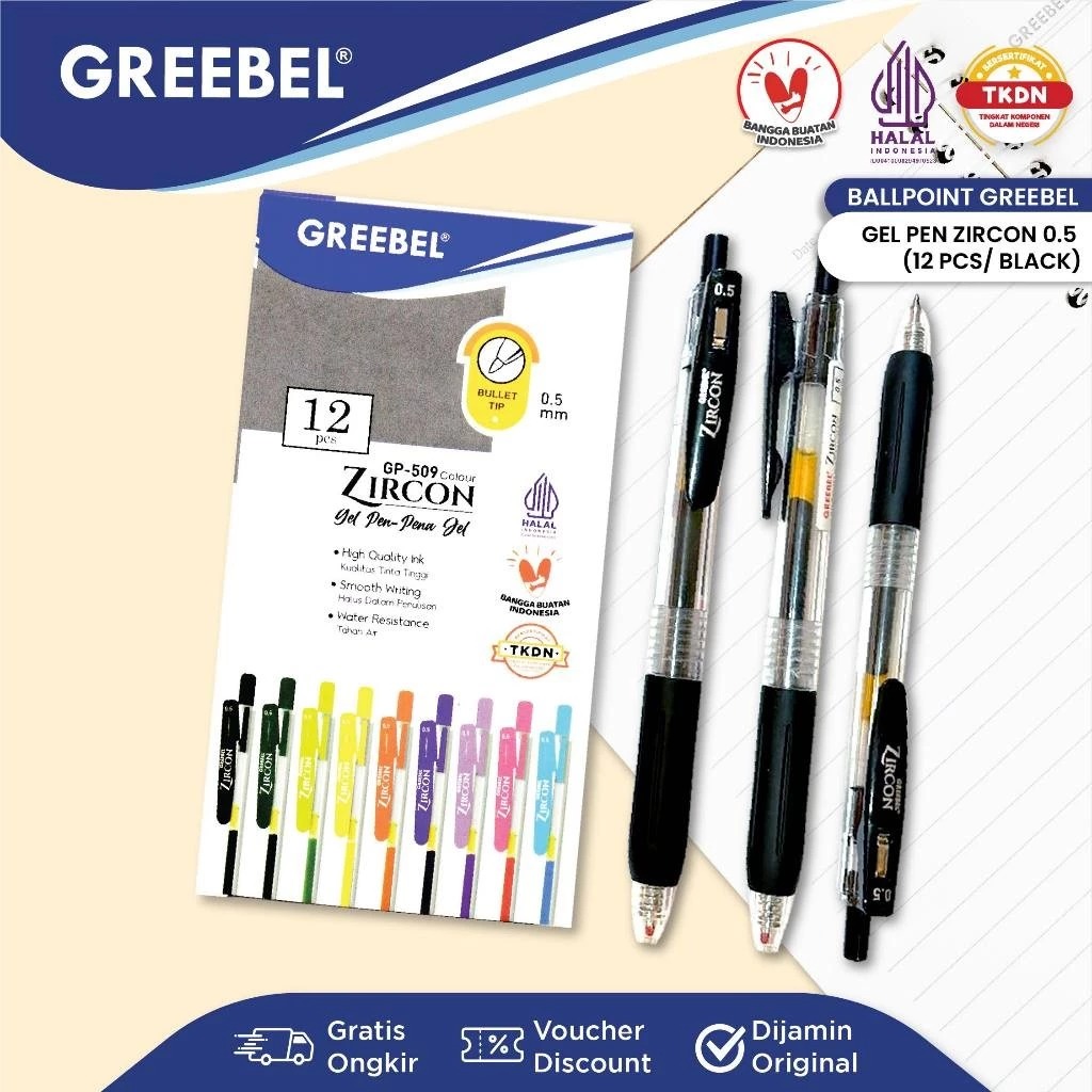 (PAKET ISI 12) GREEBEL Gel Pen 0.5mm - GP509 ZIRCON BLACK