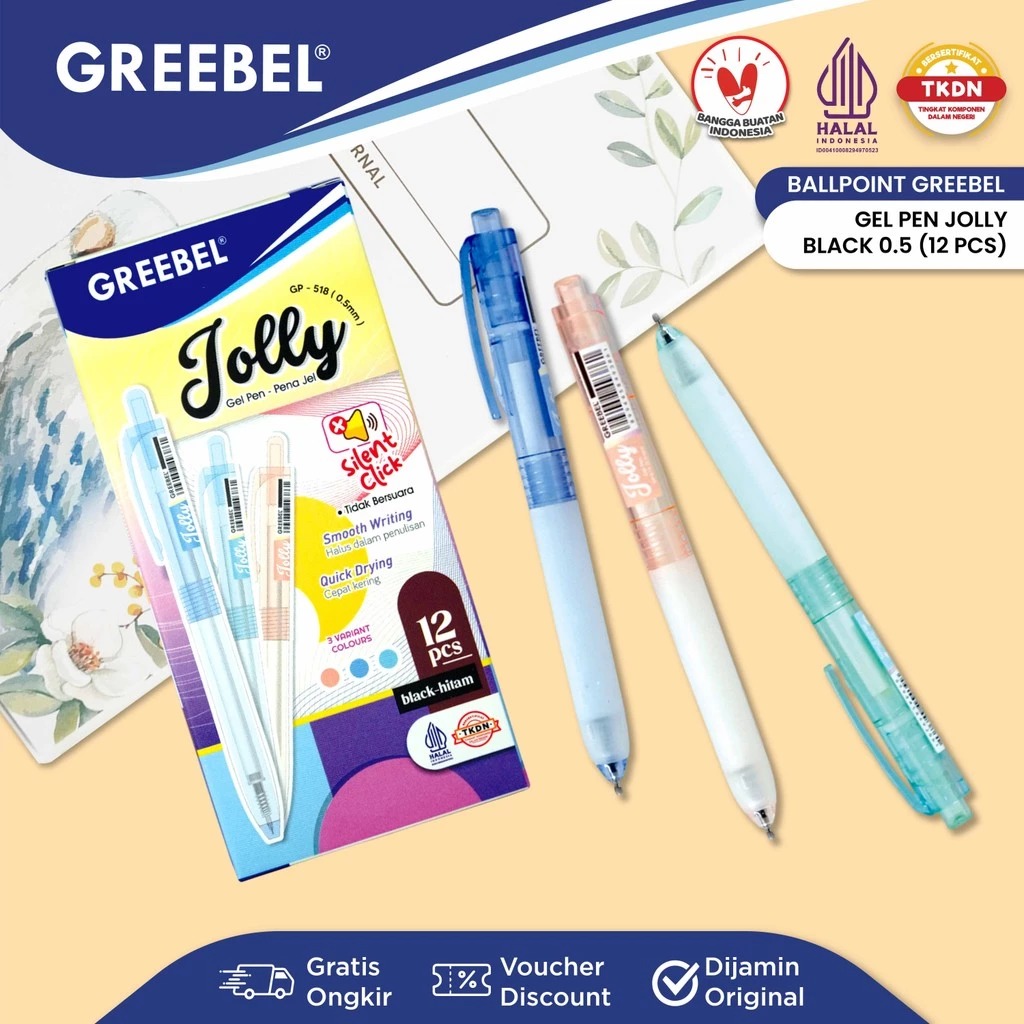 (PAKET ISI 12) GREEBEL Gel Pen 0.5mm - GP518 JOLLY (PAKET ISI 12) GREEBEL Gel Pen 0.5mm - GP518 JOLLY