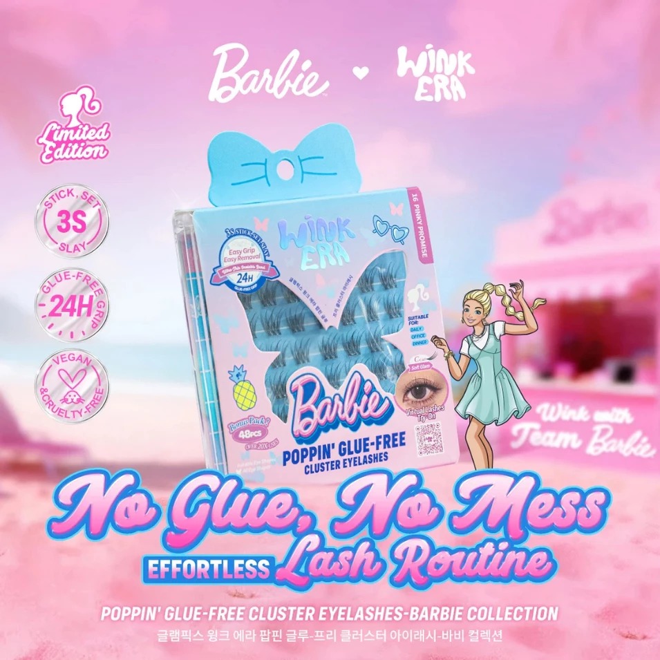 Glam Fix Wink Era Poppin Glue-Free Cluster Eyelashes - 12 Barbie Slay (Isi 48pcs - Barbie Collection)