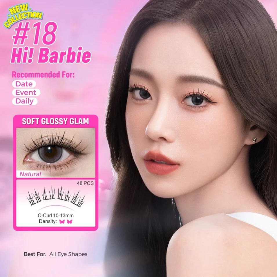 Glam Fix Wink Era Poppin Glue-Free Cluster Eyelashes - 18 Hi! Barbie (Isi 48pcs - Barbie Collection)