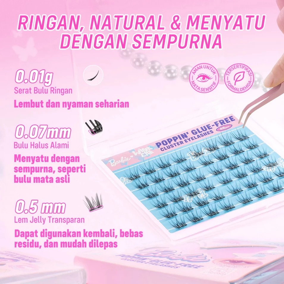 Glam Fix Wink Era Poppin Glue-Free Cluster Eyelashes - 18 Hi! Barbie (Isi 48pcs - Barbie Collection)