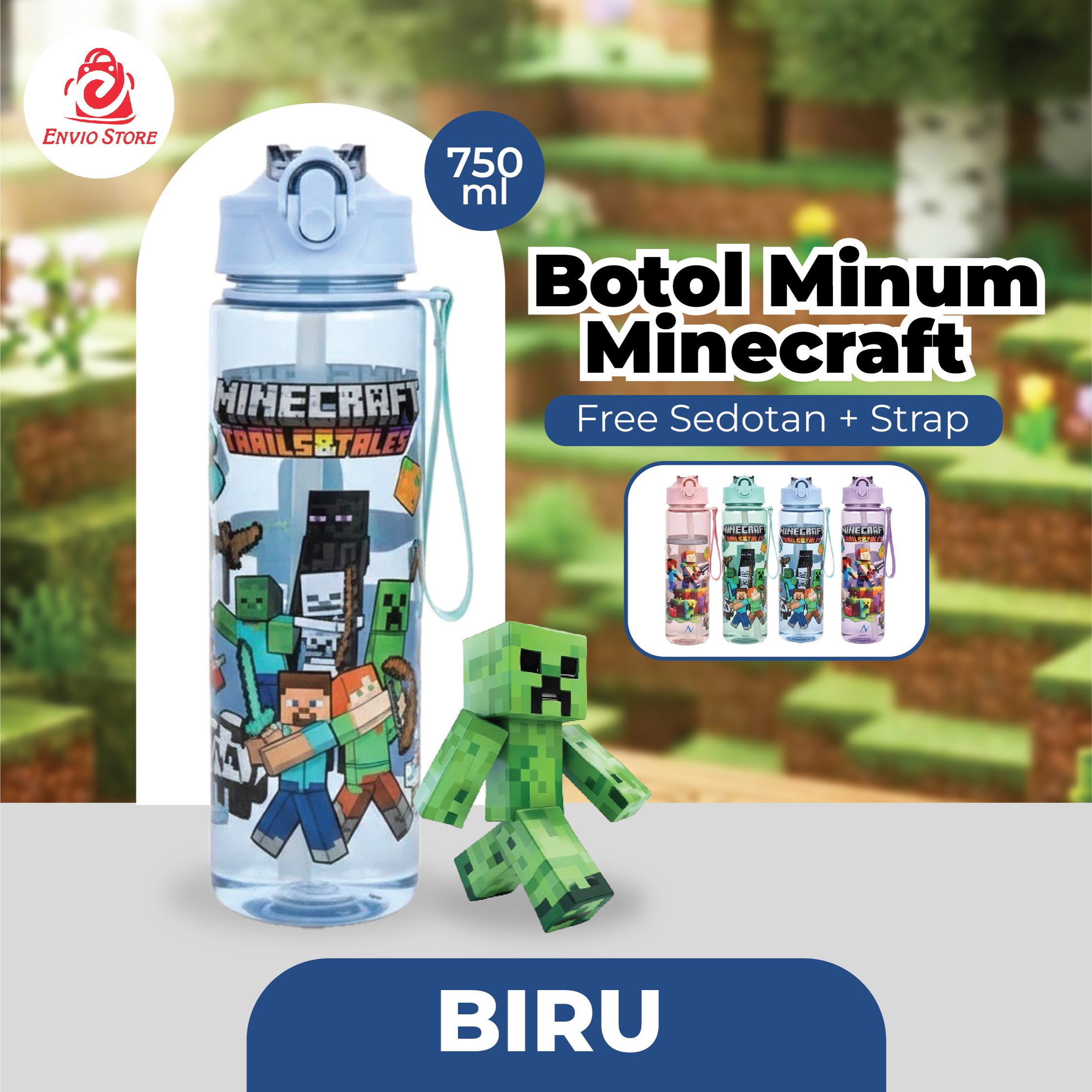 Botol Minum Minecraft 750ml - BIRU (Free Sedotan + Strap)