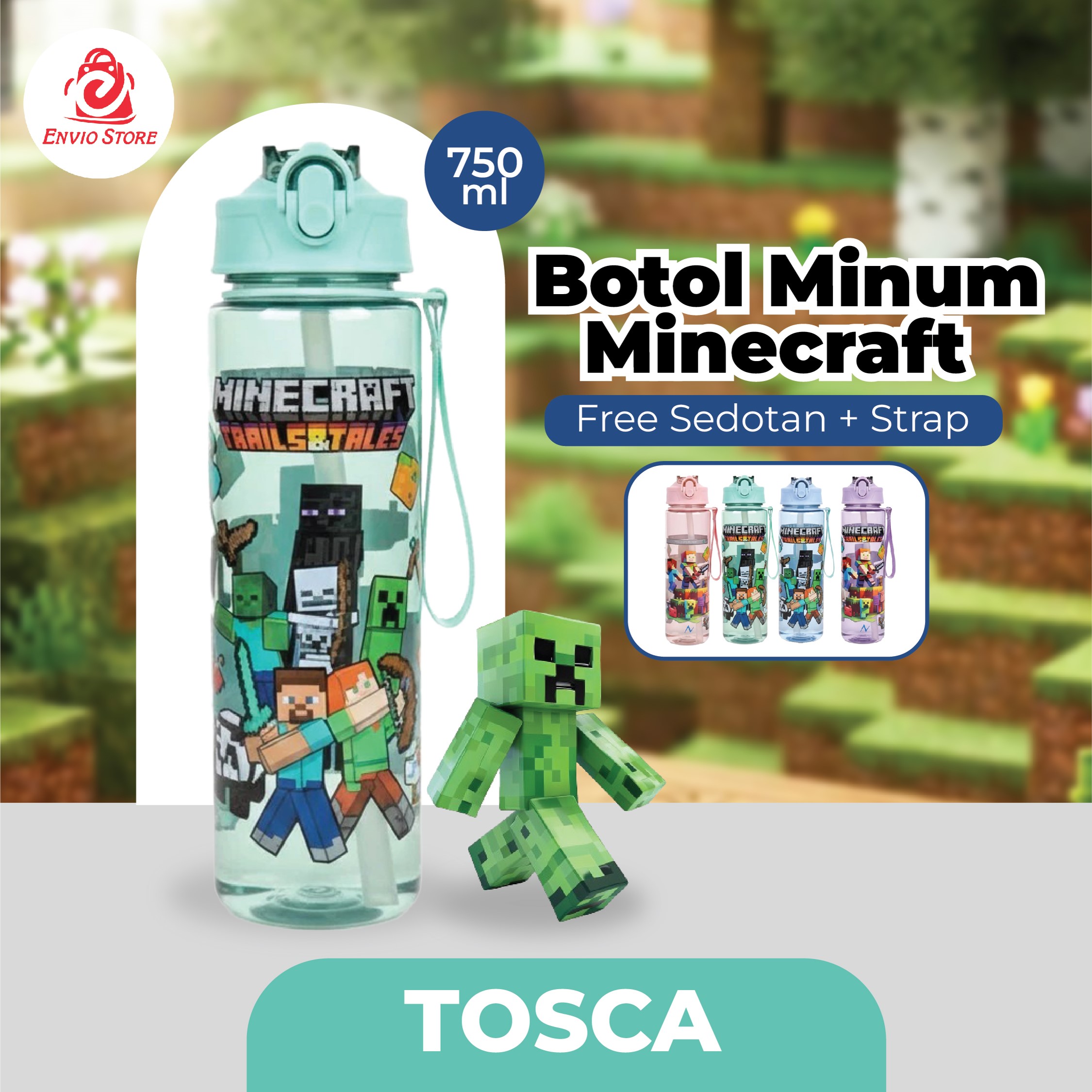 Botol Minum Minecraft 750ml - TOSCA (Free Sedotan + Strap)