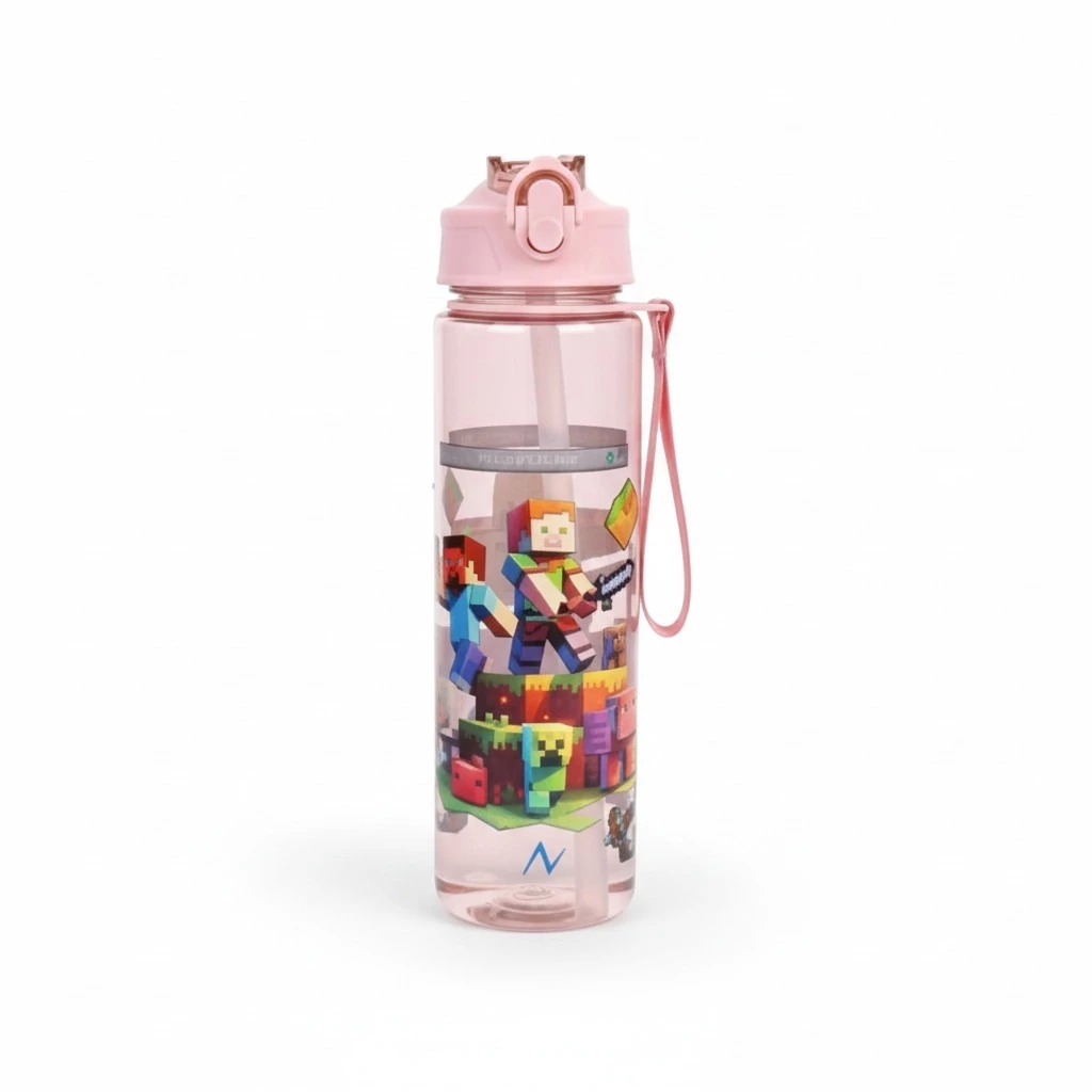 Botol Minum Minecraft 750ml - PINK (Free Sedotan + Strap)