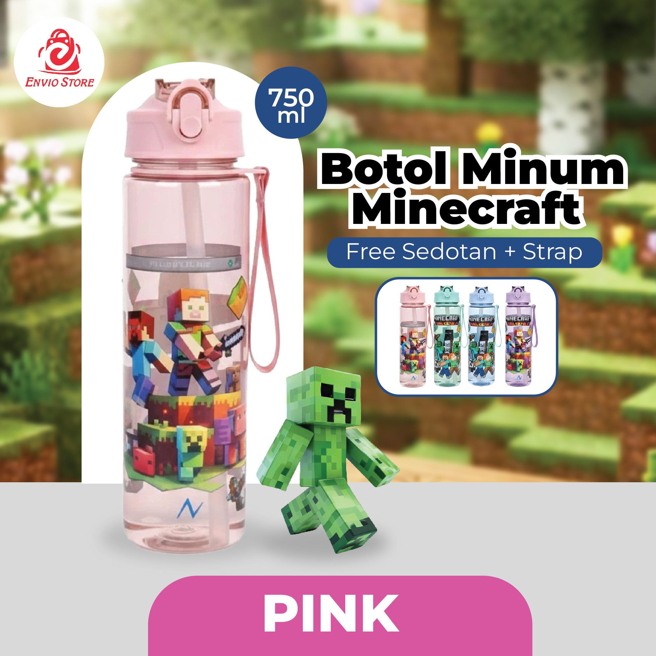 Botol Minum Minecraft 750ml - PINK (Free Sedotan + Strap)