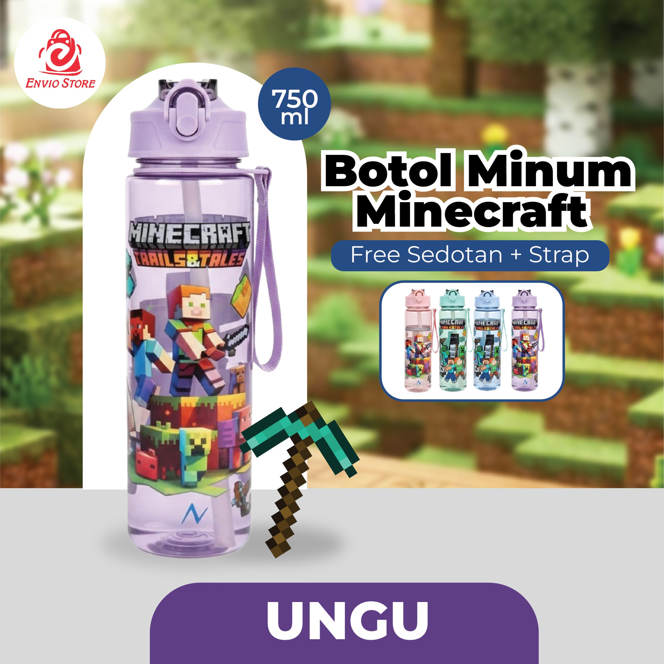 Botol Minum Minecraft 750ml - UNGU (Free Sedotan + Strap)