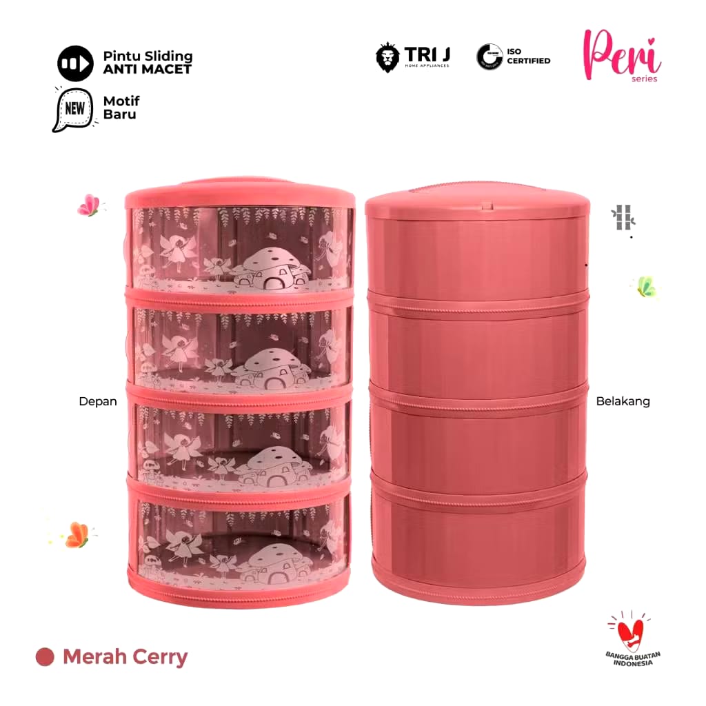 TRI J - Food Storage 4 Susun - MERAH CHERRY (Tudung Saji Susun 4 Layer)