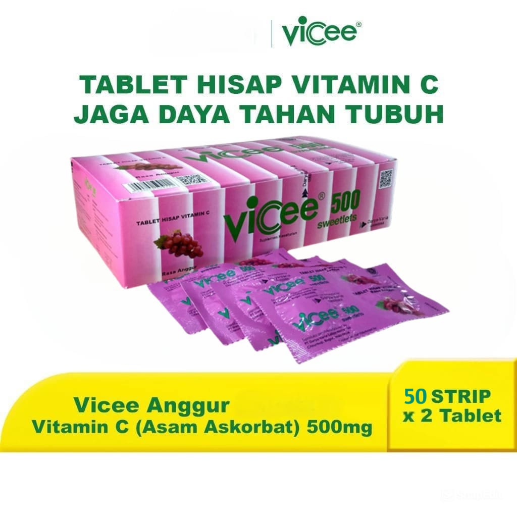(PAKET 1 Box Isi 50 Strip) Vicee 500 Sweetlets Tablet Hisap Vitamin C - Rasa Anggur