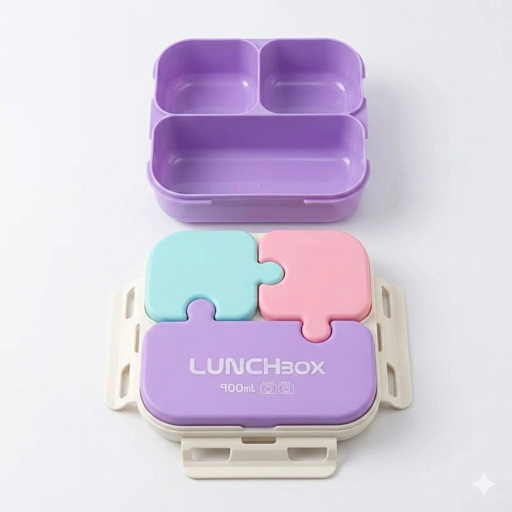 Lunch Box Puzzle 3 Sekat 900ml (0359)  - PINK (Free Sendok)