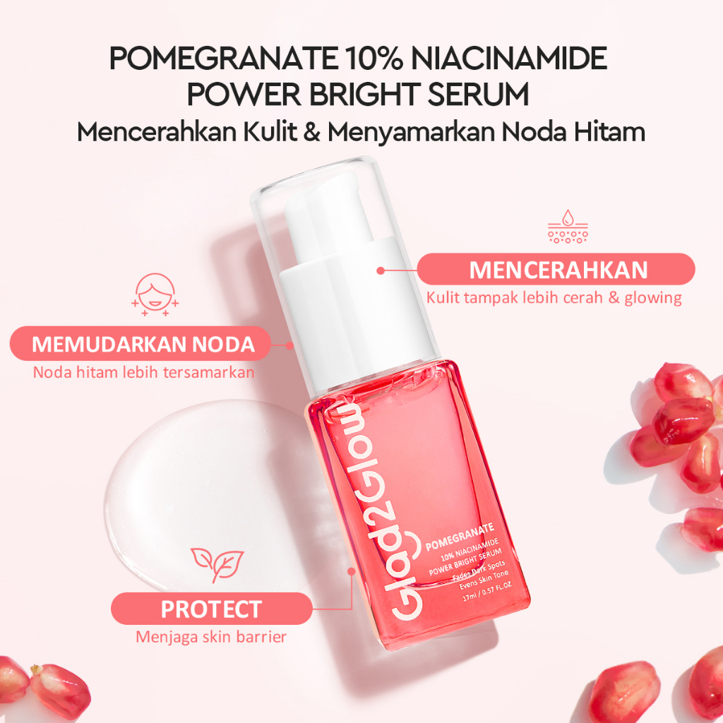 (PAKET) Glad 2 Glow 3in1 Glowing Set - Pomegranate Toner 80ml + Pomegranate Moisturizer 30gr + Pomegranate Serum 17ml