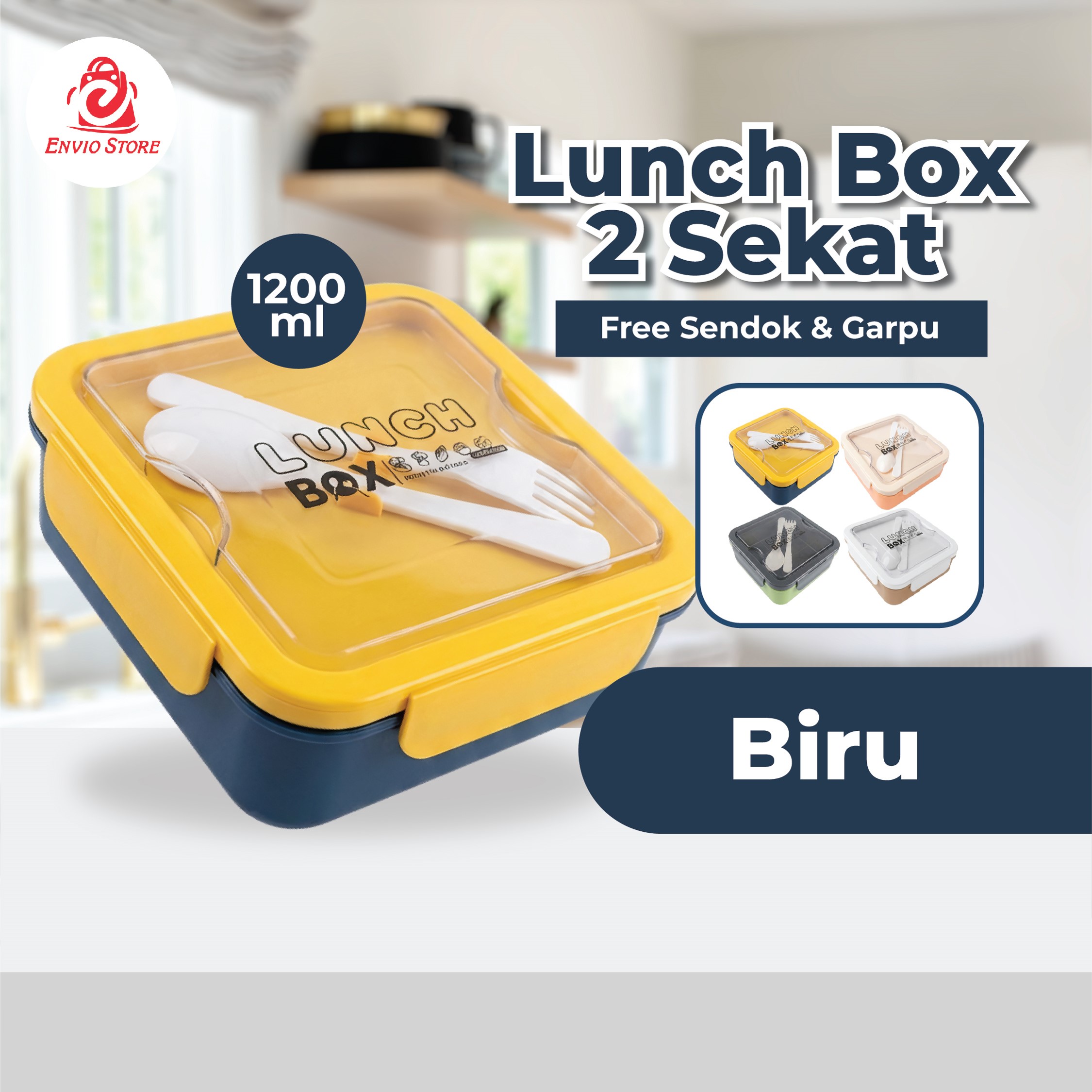 Lunch Box 2 Sekat 1200ml (JB017) - BIRU (Free Sendok + Garpu)