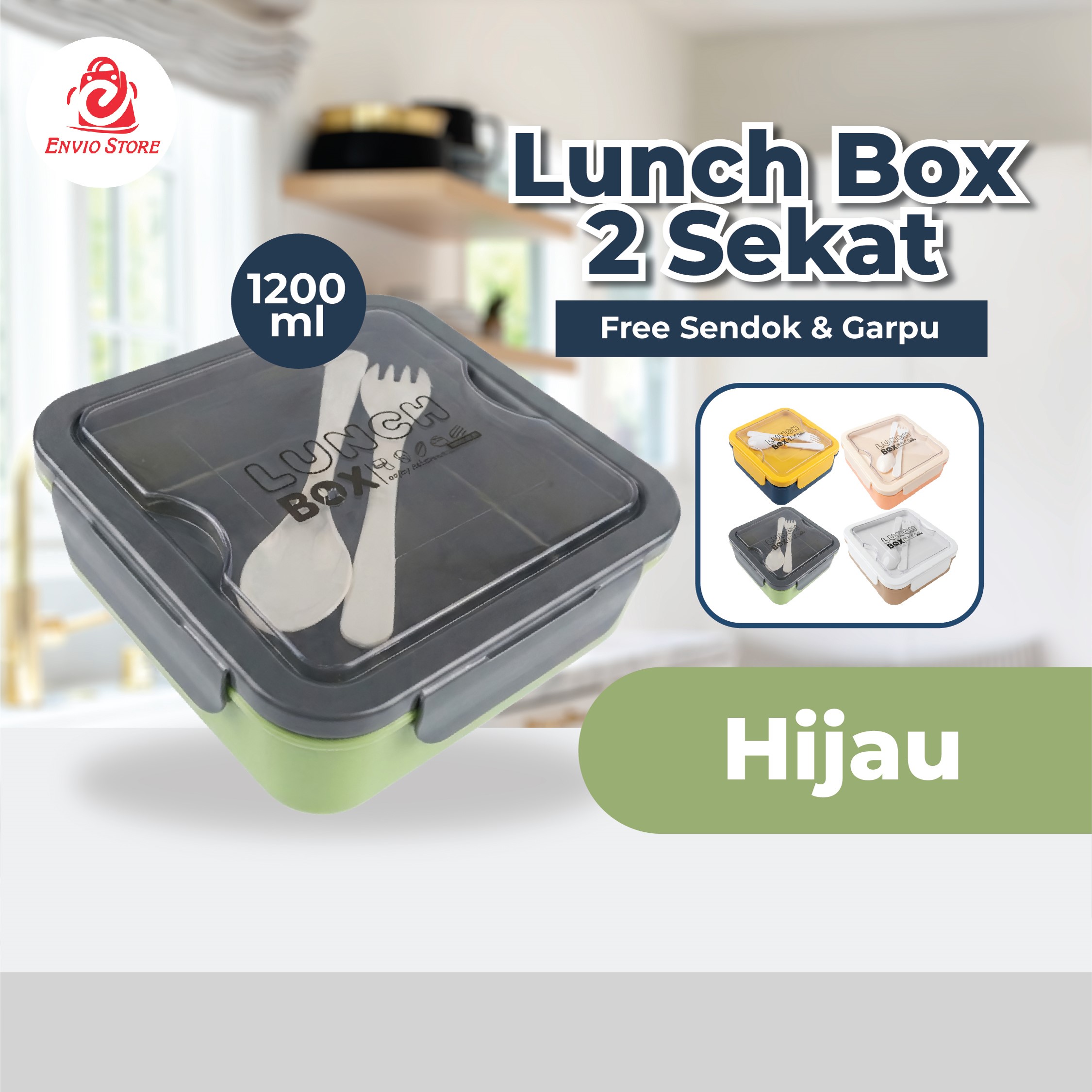 Lunch Box 2 Sekat 1200ml (JB017) - HIJAU (Free Sendok + Garpu)