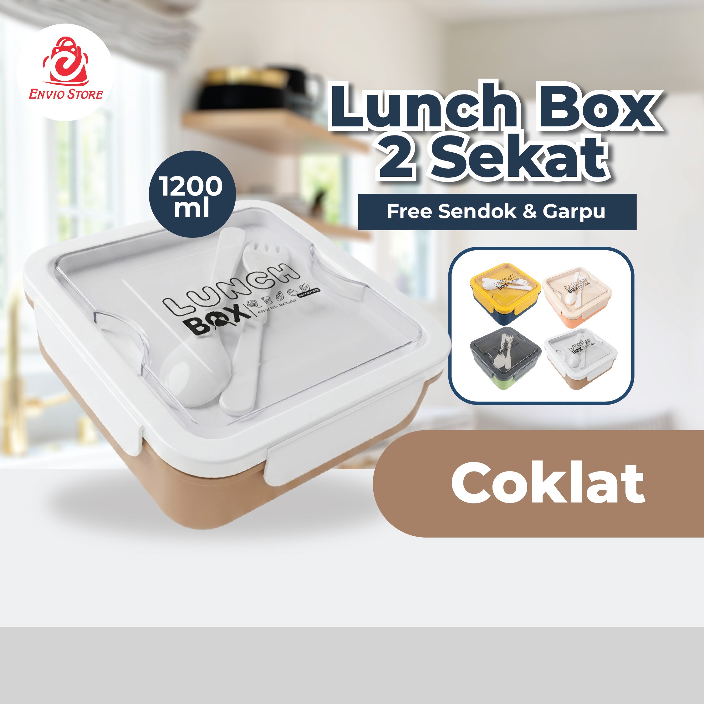 Lunch Box 2 Sekat 1200ml (JB017) - COKLAT (Free Sendok + Garpu)