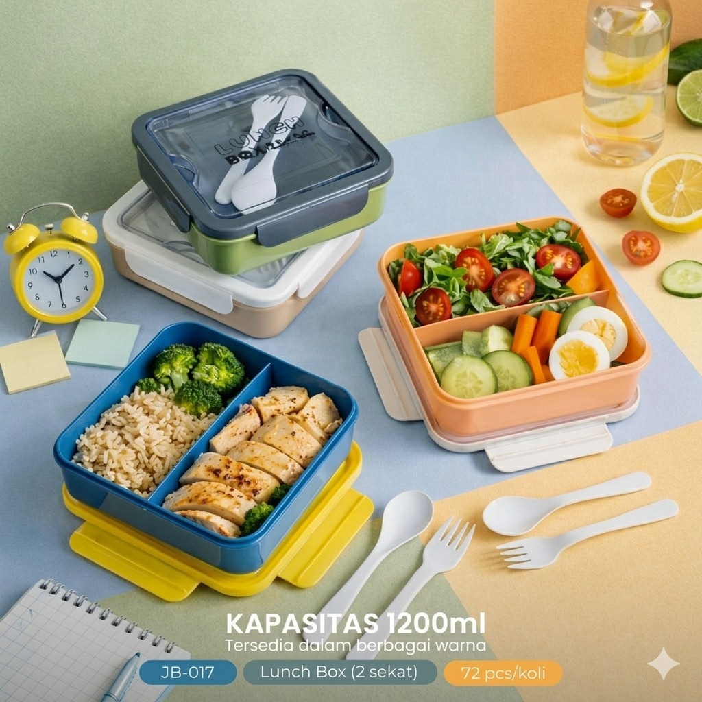 Lunch Box 2 Sekat 1200ml (JB017) - COKLAT (Free Sendok + Garpu)