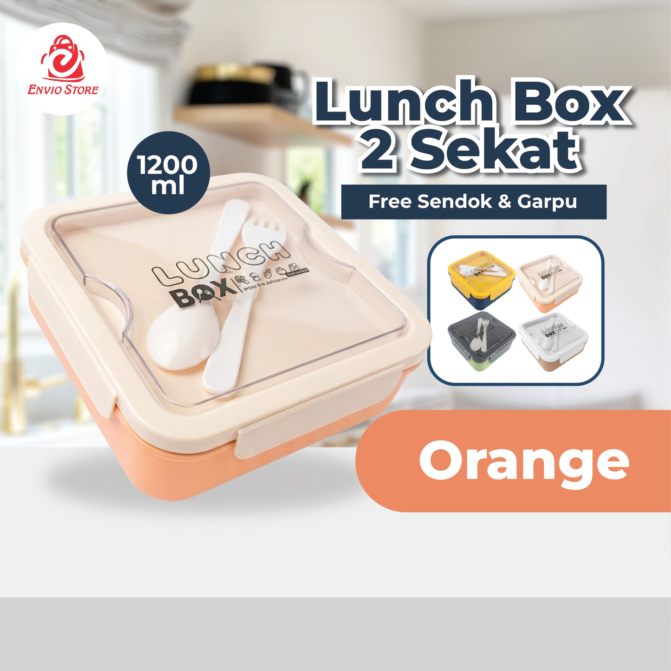Lunch Box 2 Sekat 1200ml (JB017) - ORANGE (Free Sendok + Garpu)