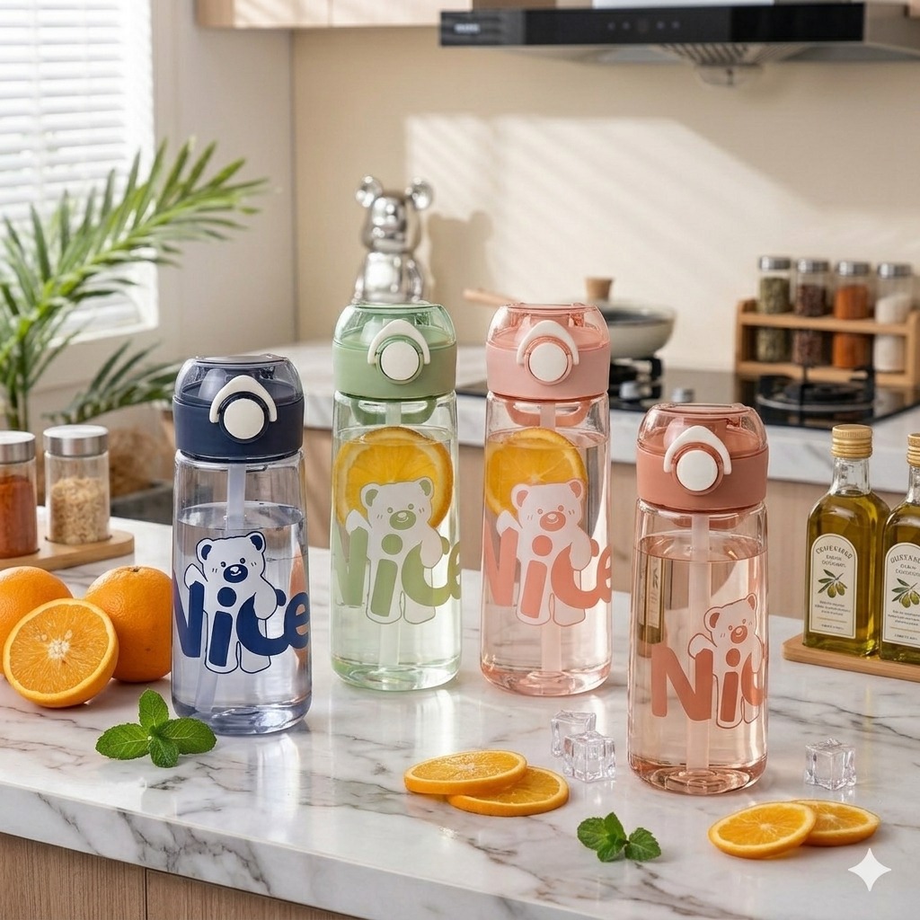 Botol Minum Anak Nice Bear 580ml (2356) - PINK (Free Sedotan)
