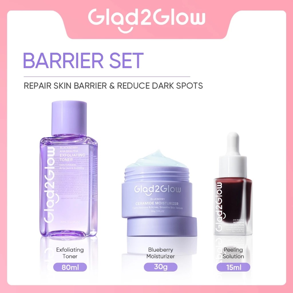 (PAKET) Glad 2 Glow 3in1 Barrier Set - Blackberry AHA BHA PHA Toner 80ml + Blueberry Ceramide Moisturizer 30gr + Peeling Solution Serum15ml (PAKET) Glad 2 Glow 3in1 Barrier Set - Blackberry AHA BHA PHA Toner 80ml + Blueberry Ceramide Moisturizer 30gr + Peeling Solution Serum15ml