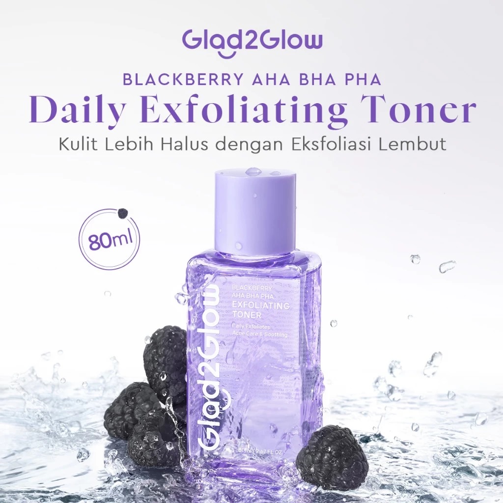 (PAKET) Glad 2 Glow 3in1 Barrier Set - Blackberry AHA BHA PHA Toner 80ml + Blueberry Ceramide Moisturizer 30gr + Peeling Solution Serum15ml