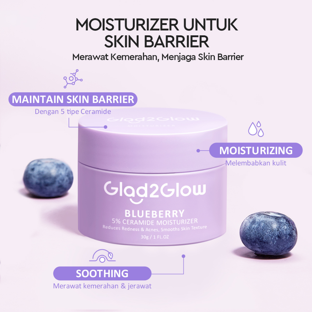 (PAKET) Glad 2 Glow 3in1 Barrier Set - Blackberry AHA BHA PHA Toner 80ml + Blueberry Ceramide Moisturizer 30gr + Peeling Solution Serum15ml