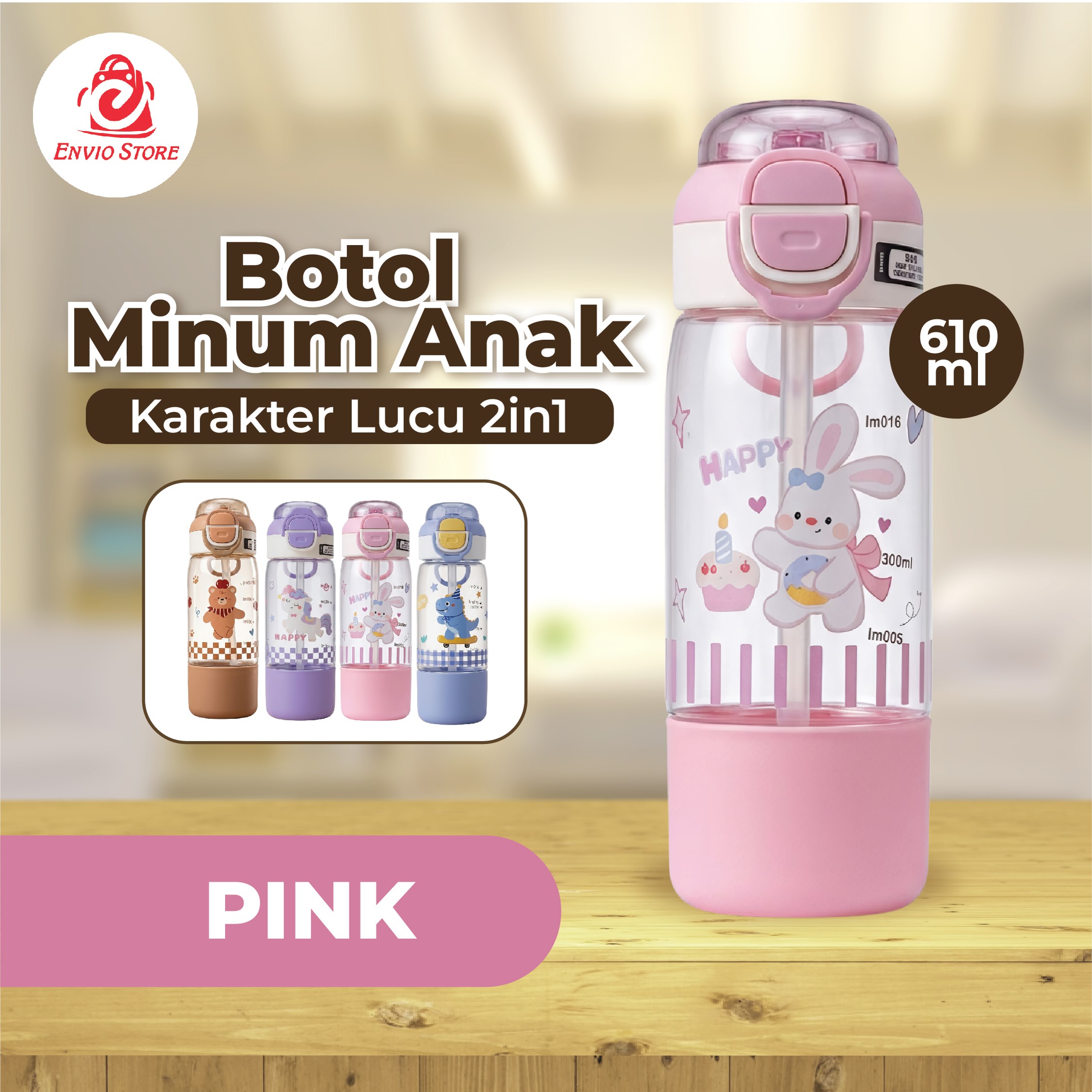 Botol Minum Anak Karakter Lucu 2in1 610ml (3342) - PINK (Free Sedotan + Gagang Unik)