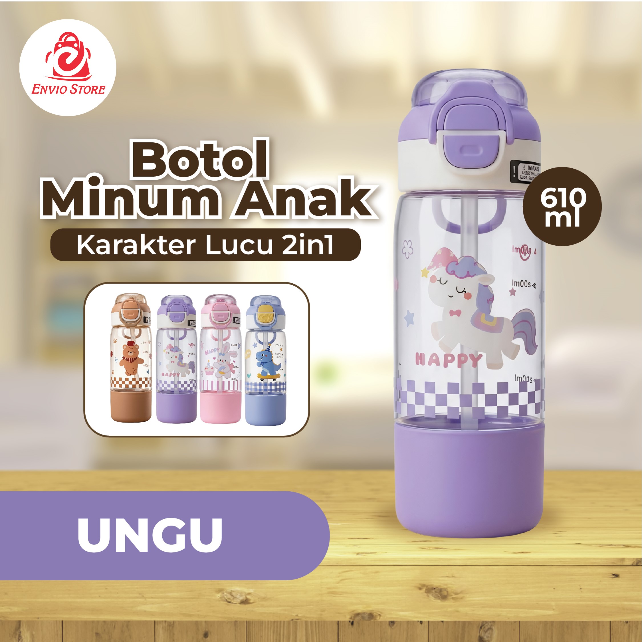Botol Minum Anak Karakter Lucu 2in1 610ml (3342) - UNGU (Free Sedotan + Gagang Unik)