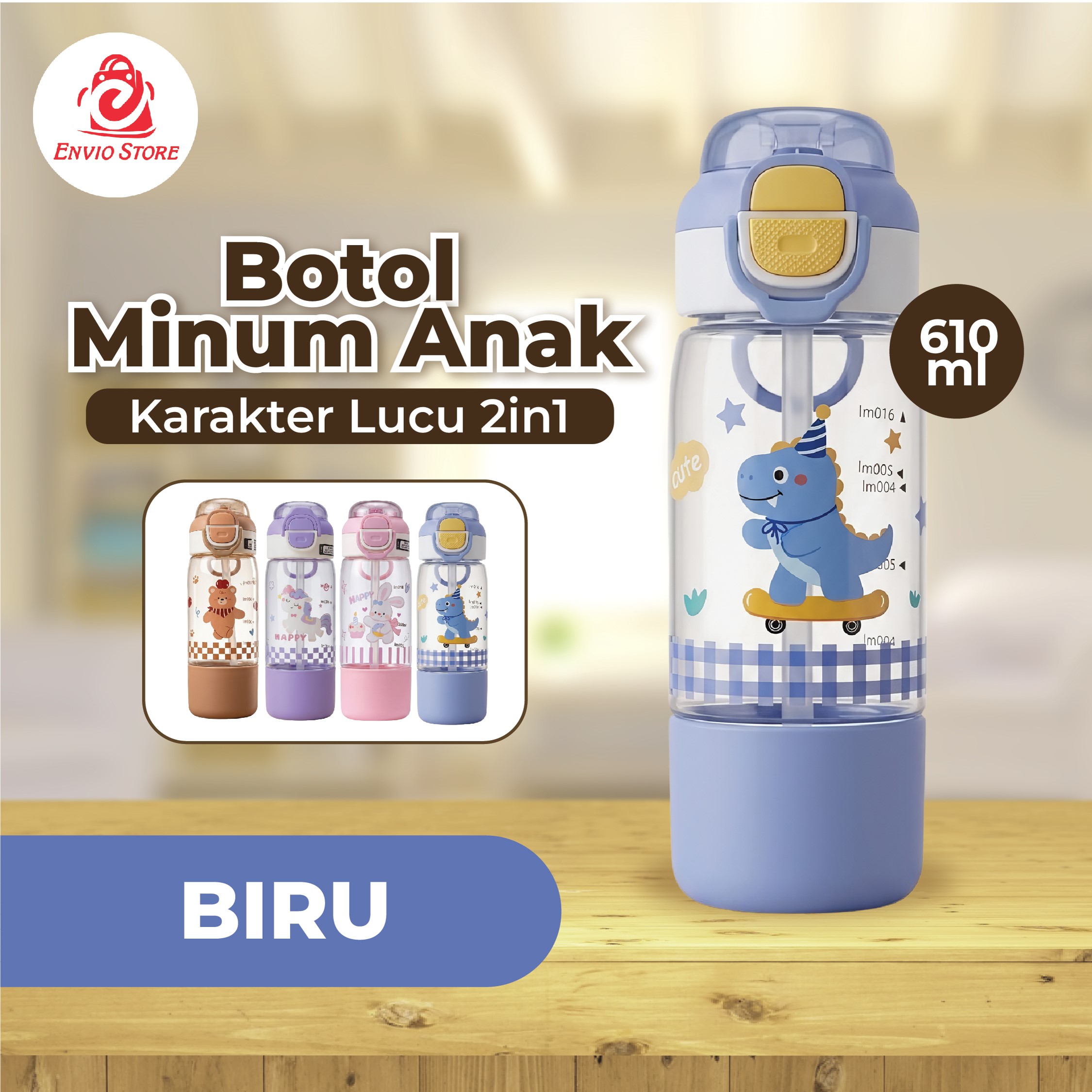 Botol Minum Anak Karakter Lucu 2in1 610ml (3342) - BIRU (Free Sedotan + Gagang Unik)