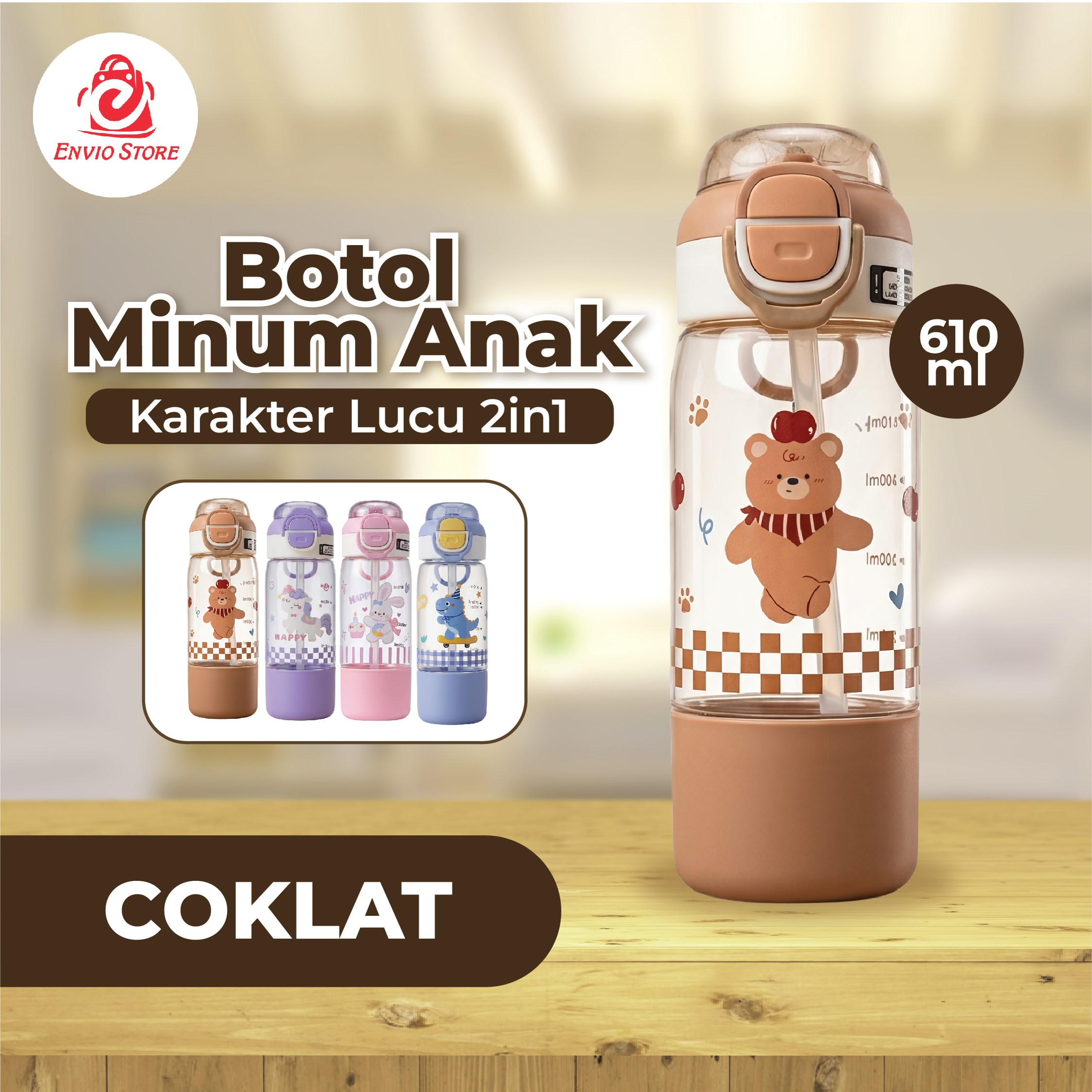 Botol Minum Anak Karakter Lucu 2in1 610ml (3342) - COKLAT (Free Sedotan + Gagang Unik)
