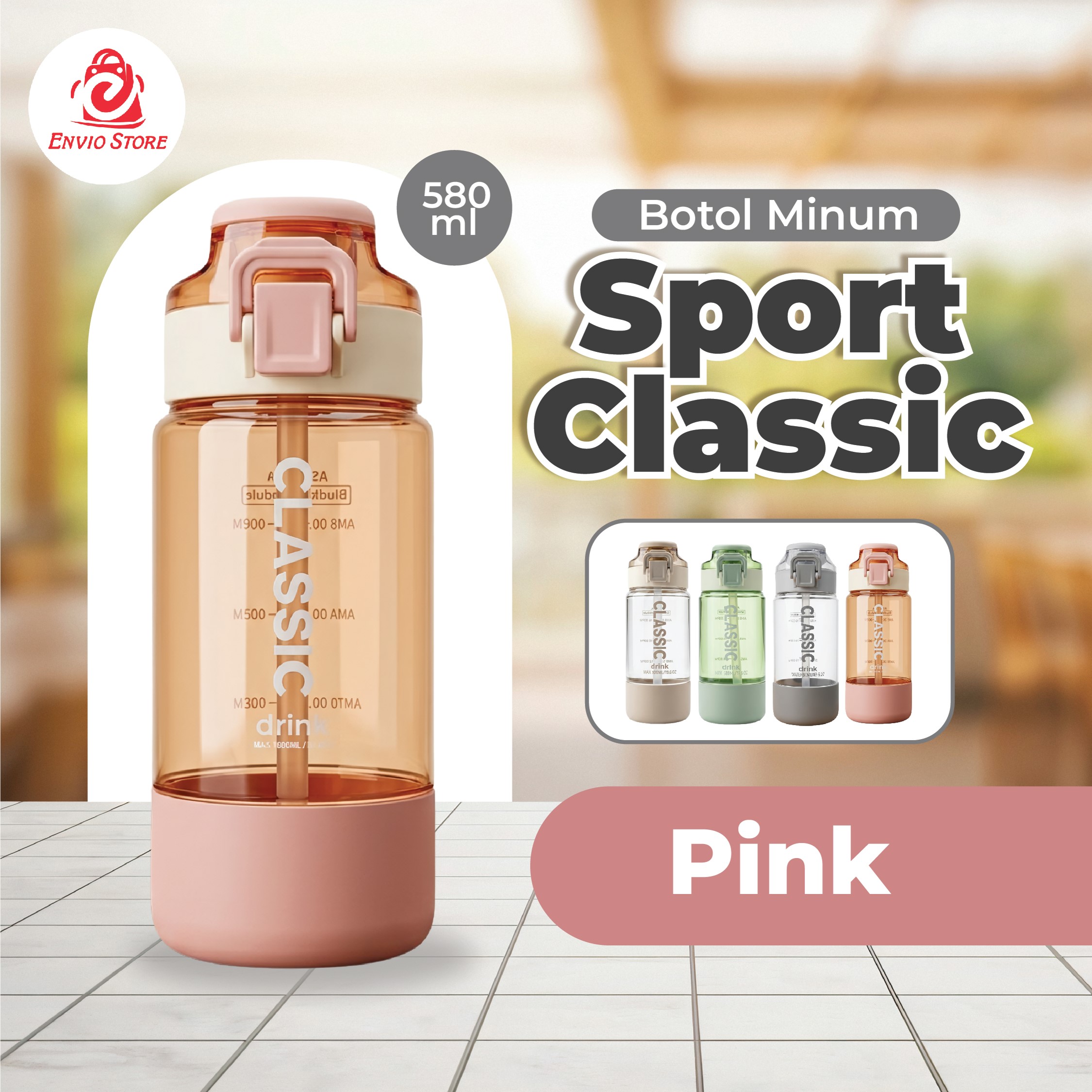 Botol Minum Sport Classic 580ml (3237) - PINK (Free Sedotan)
