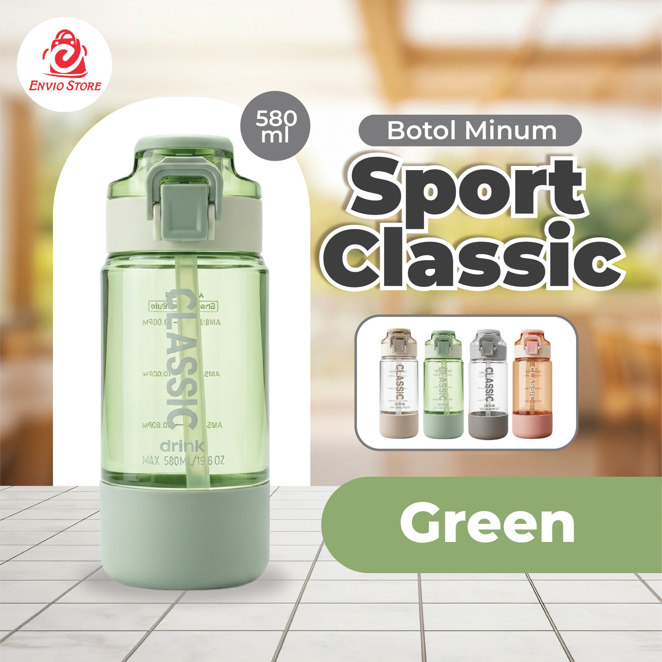 Botol Minum Sport Classic 580ml (3237) - GREEN (Free Sedotan)