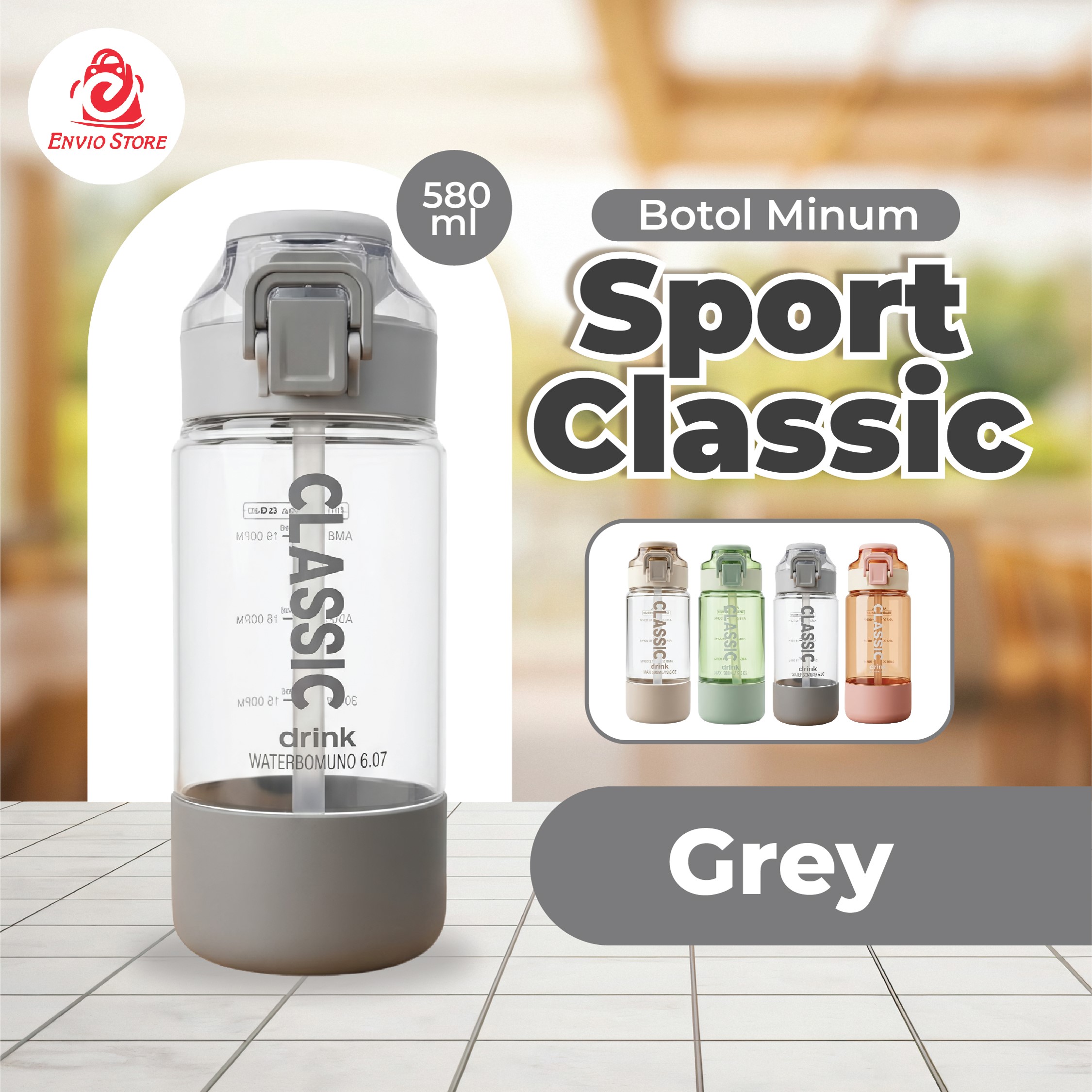 Botol Minum Sport Classic 580ml (3237) - GREY (Free Sedotan)