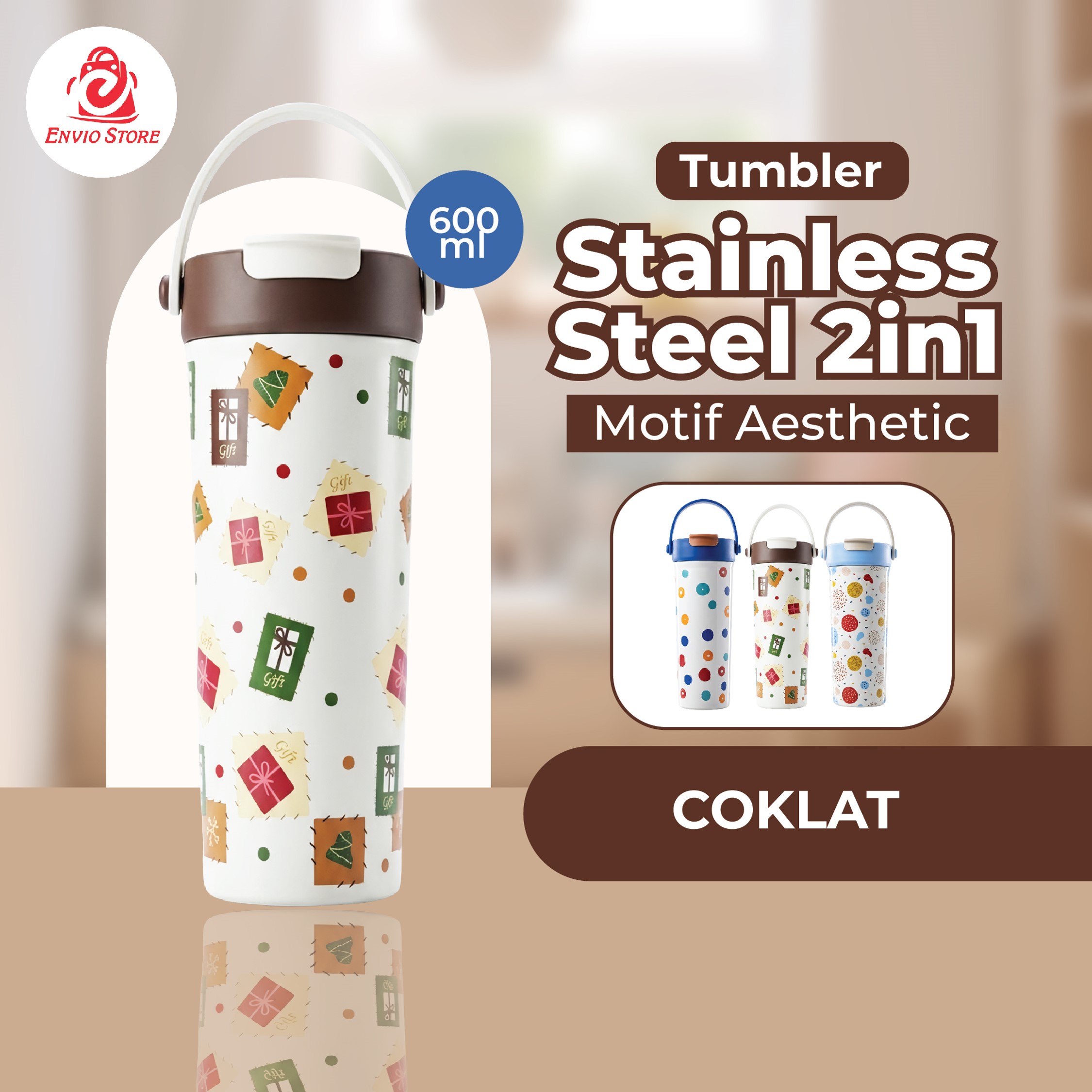 Tumbler Stainless Steel 2in1 Motif Aesthetic 600ml (2369) - COKLAT (Free Sedotan)