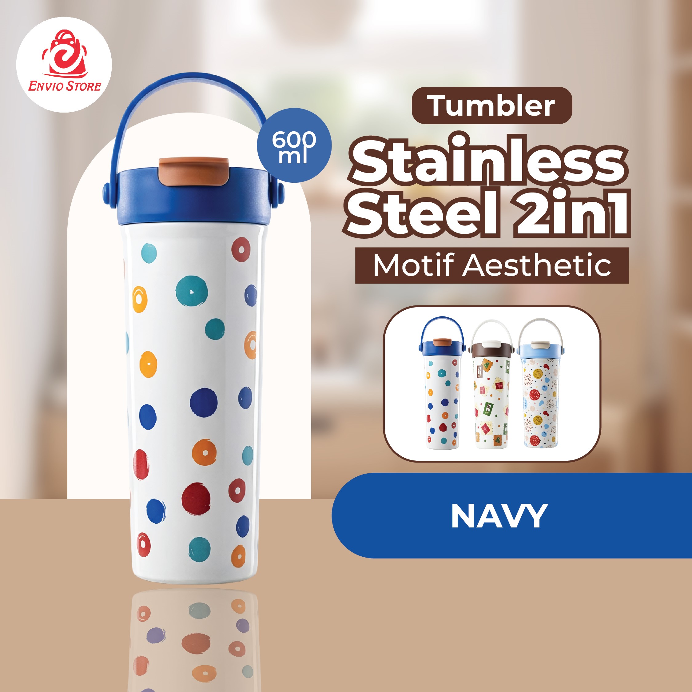 Tumbler Stainless Steel 2in1 Motif Aesthetic 600ml (2369) - NAVY (Free Sedotan)