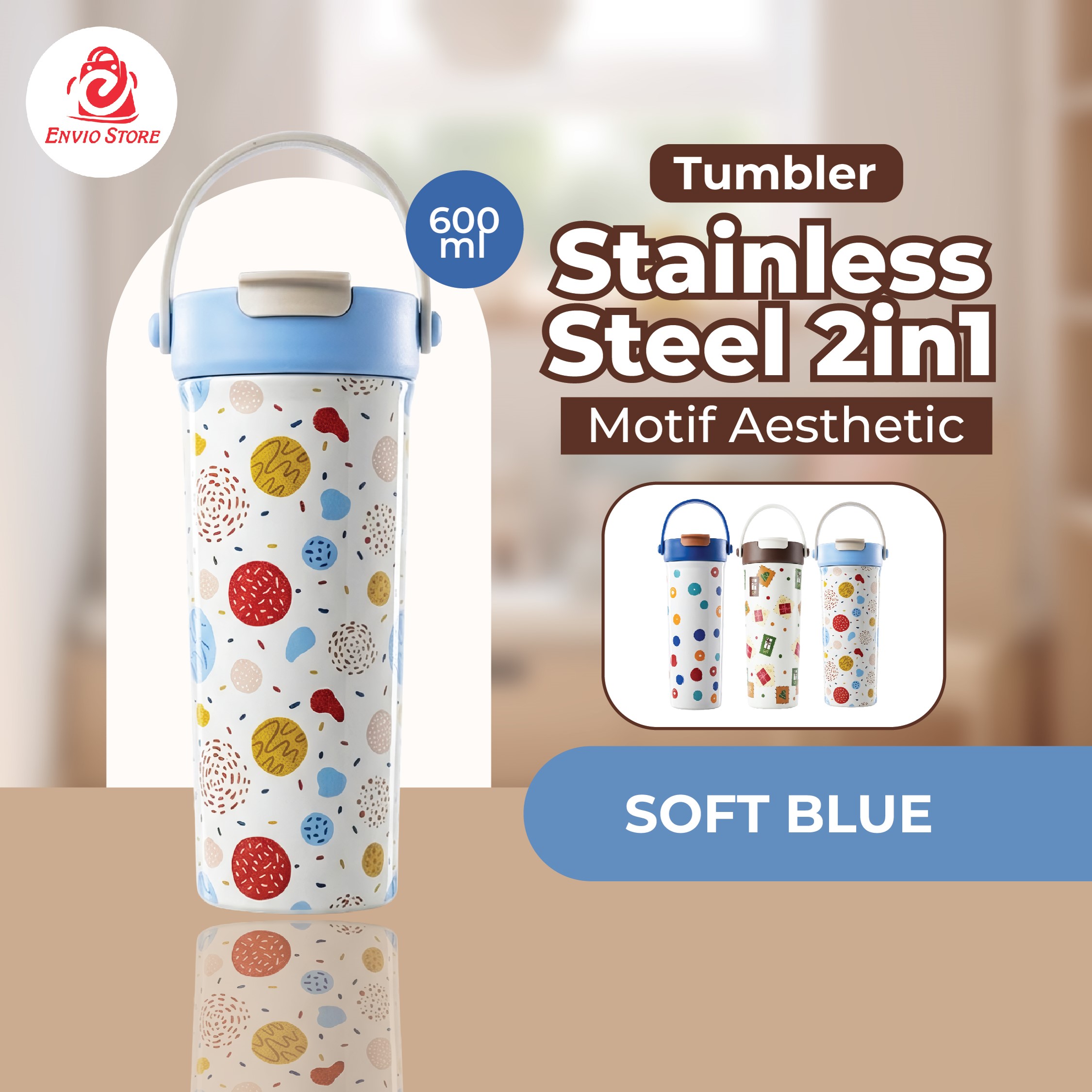 Tumbler Stainless Steel 2in1 Motif Aesthetic 600ml (2369) - SOFT BLUE (Free Sedotan)