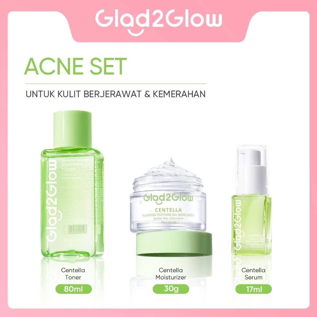 (PAKET) Glad 2 Glow 3in1 Acne Set - Centella Toner 80ml + Centella Moisturizer 30gr + Centella Serum 17ml