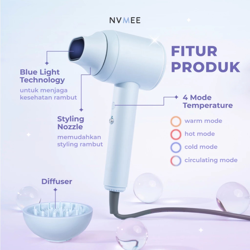 NVMEE LUNA Hair Dryer 4 Mode Temperature - SKY (Alat Pengering Rambut)