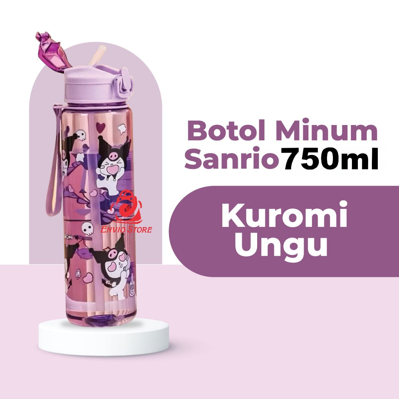 Botol Minum SANRIO 750ml - KUROMI UNGU Botol Air Minum Anak Lucu (Free Sedotan)
