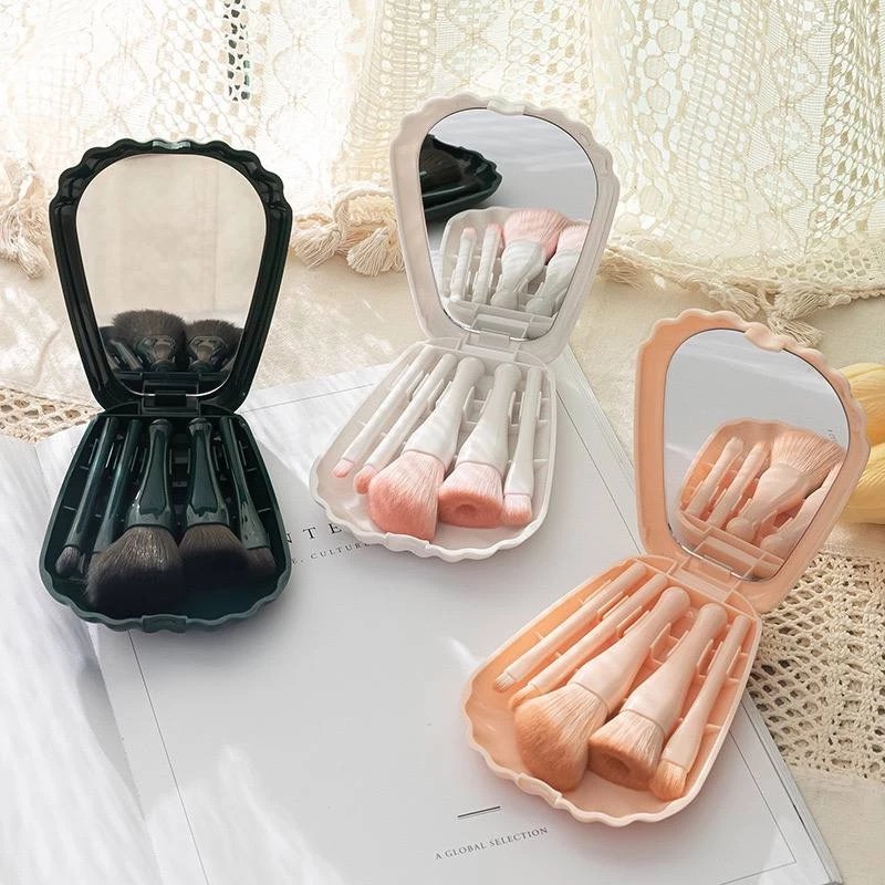 Kuas Makeup Kerang 5in1 + Cermin - PUTIH (Brush Makeup Set Portable)