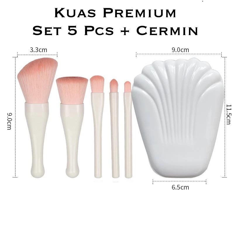 Kuas Makeup Kerang 5in1 + Cermin - PUTIH (Brush Makeup Set Portable)