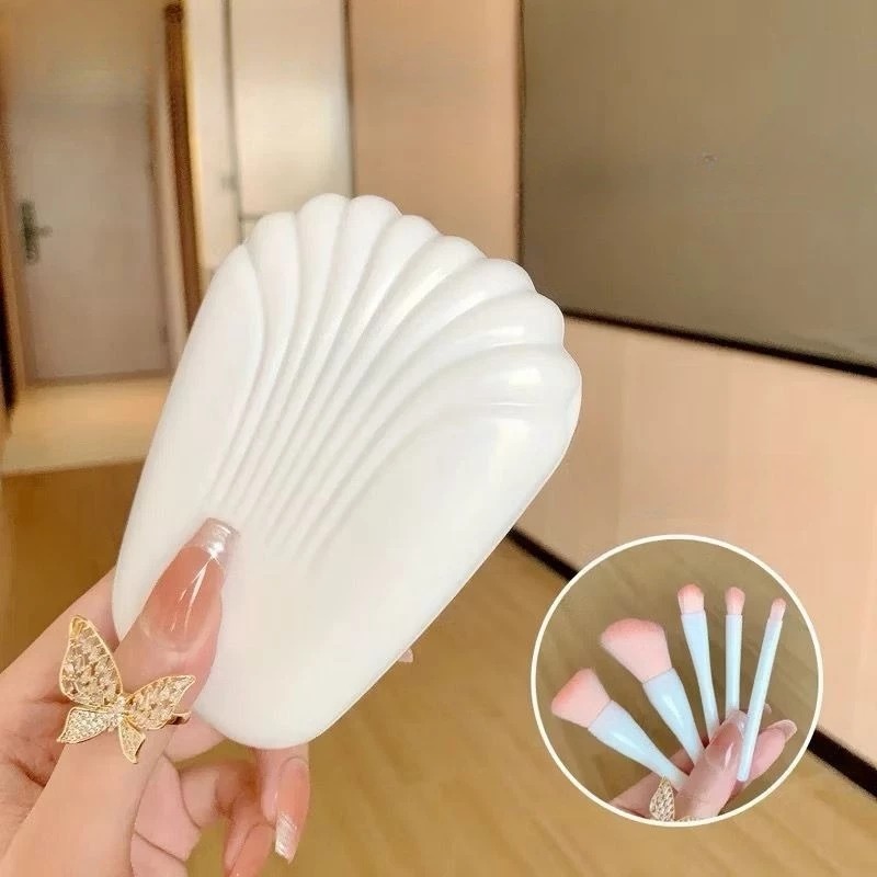 Kuas Makeup Kerang 5in1 + Cermin - PUTIH (Brush Makeup Set Portable)