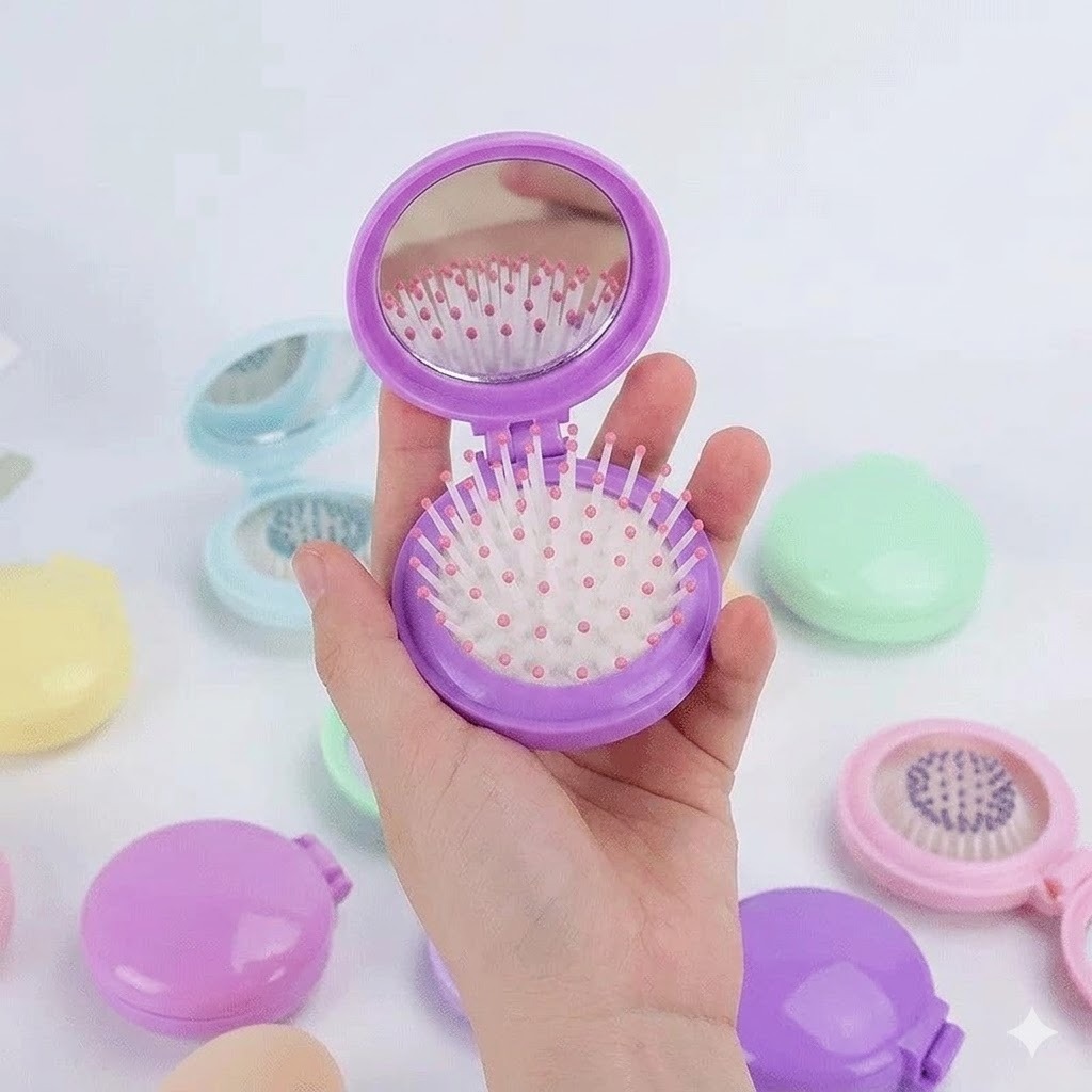 Sisir Lipat Portable 2in1 (Sisir + Cermin Mini Bulat) - UNGU