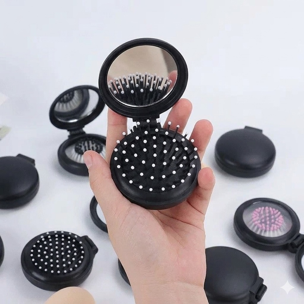 Sisir Lipat Portable 2in1 (Sisir + Cermin Mini Bulat) - HITAM